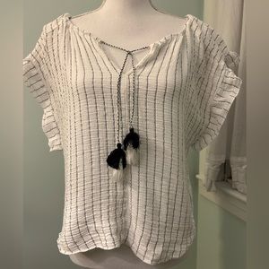 Joie Short Ruffle Sleeve White/Black Stripe Top